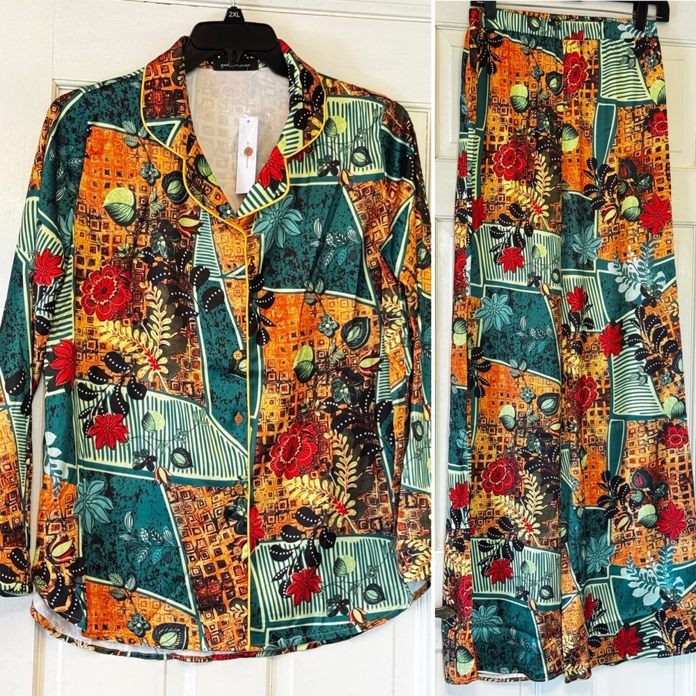 Women's Printed Button-Up Pajama Top‎ - Teal & Mustard Floral